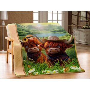 Blanket Highland Cow Calf Sherpa Plush Throw Gift New Flowers Meadow Cowboy Hat